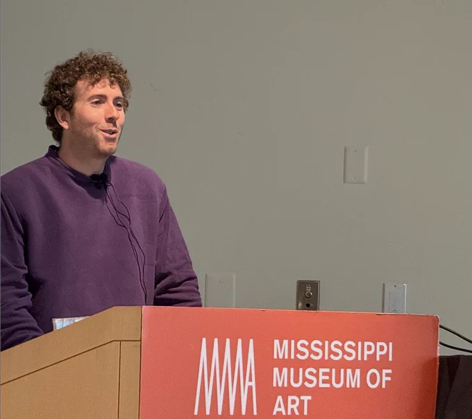 Josh speaking in costume