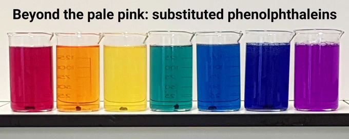 A row of seven beakers filled with coloured solutions in rainbow order: red, orange, yellow, green, blue, indigo, violet. The caption reads "Beyond the pale pink: substituted phenolphthaleins"
