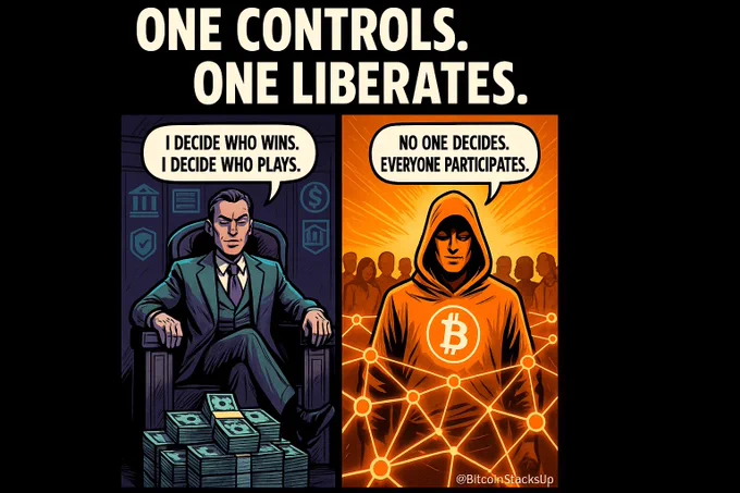 One Controls. One Liberates. ⚡

💵 Fiat Boss:
“I decide who wins. I decide who plays.”

⚡ Satoshi:
“No one decides. Everyone participates.”

One traps you. One sets you free. 🟧
#Bitcoin #EndFiatMoney