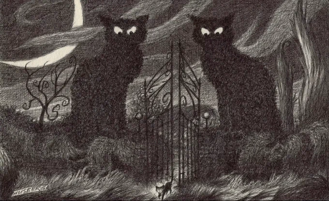 Here we have a curious, and somewhat trepidatious cat in a dark and unnerving, derelict garden. She has somehow felt 'watched'. As she walks between two huge topiaries, she is indeed being observed! A black and white drawing.