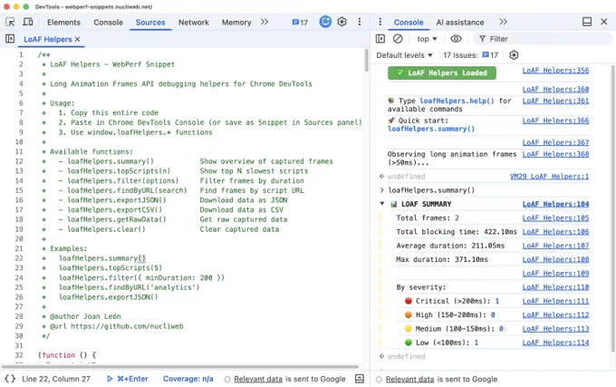 Screenshot of Chrome DevTools showing a JavaScript snippet named “LoAF Helpers” in the Sources panel. The snippet provides debugging helpers for the Long Animation Frames API with usage instructions and function examples. On the right, the Console panel displays logs indicating “LoAF Helpers Loaded” and a summary report from loafHelpers.summary() showing metrics such as total frames (2), total blocking time (422.10ms), average duration (211.05ms), and frame severity levels (critical, high, medium, low).