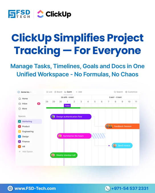 Screenshot-style image of ClickUp’s Gantt view showing color-coded tasks, timelines, and workflows for Marketing, Product, and Engineering teams. Headline emphasizes unified task, goal, and document tracking without formulas or chaos.