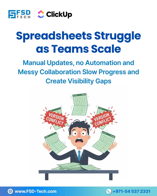 Illustration of a stressed business professional overwhelmed by multiple spreadsheets labeled “Version Conflict,” symbolizing inefficiency and collaboration gaps. Text explains that manual updates and lack of automation slow team progress. Branded with FSD Tech and ClickUp logos.