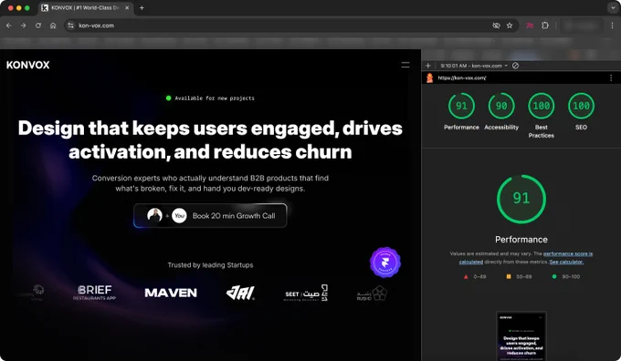 Home page for the Konvox website, which represents the testing of performance, accessibility, best practices, and seo.
