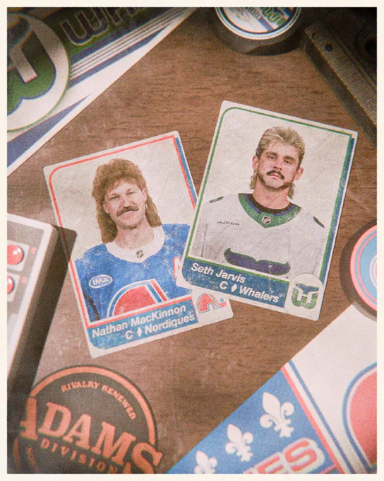 Vintage-looking graphic featuring a retro setting and Nathan MacKinnon and Seth Jarvis as trading cards for the Nordiques and Whalers 