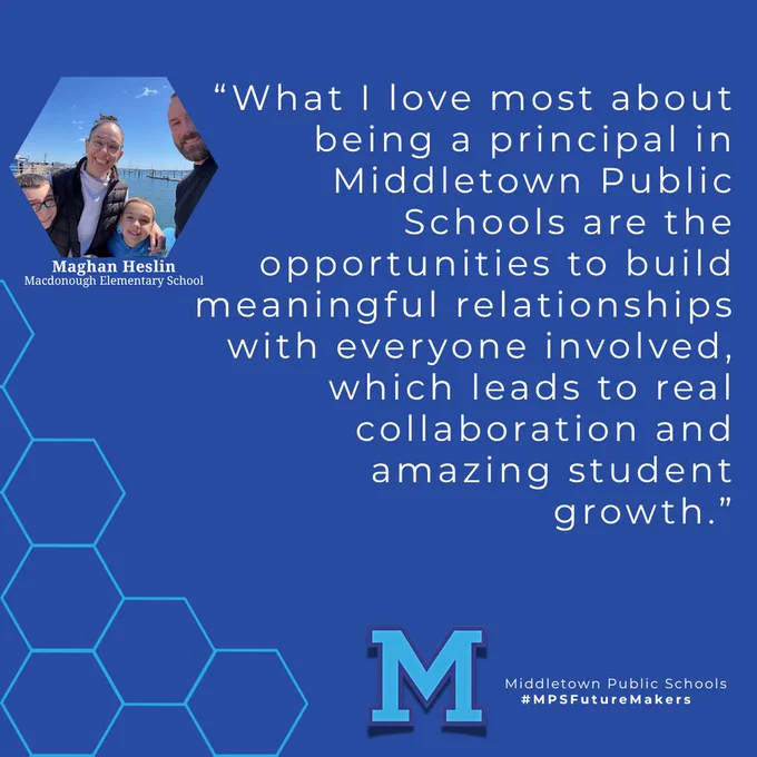 A woman standing in front of a waterfront background with two young children and an adult male. The image includes a quote from the woman and school branding.