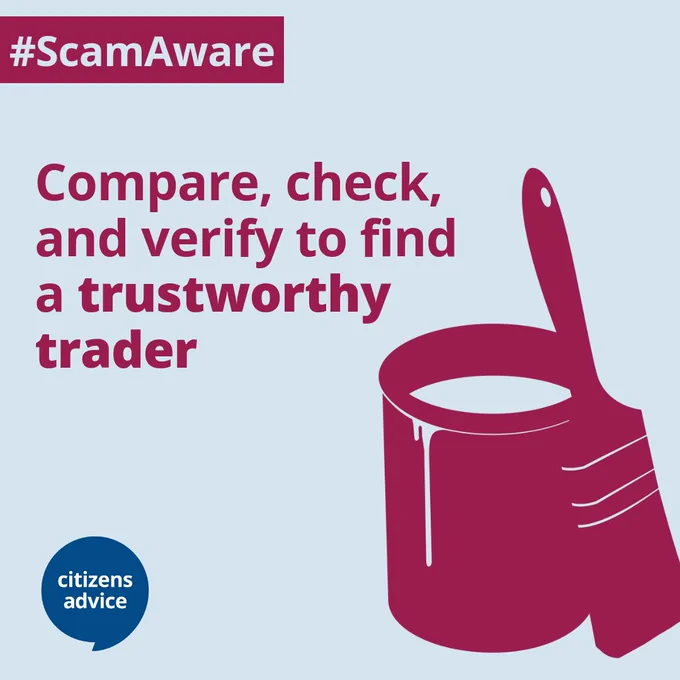 Citizens Advice public service announcement image with the message 'Honest traders don't show up uninvited,' where 'uninvited' is highlighted in red. The Citizens Advice logo is in a blue speech bubble at the top left, and '#ScamAware' appears in the top right. An illustration of an open door is shown on the right side, symbolizing uninvited visitors.