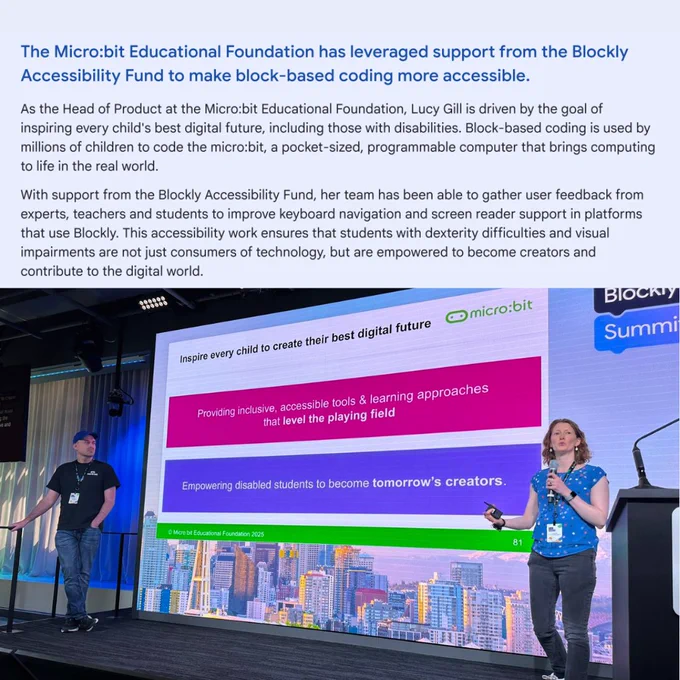 Screenshot from the Google.org Impact Report showing a presentation slide about inclusive tools and learning approaches from the Micro:bit Educational Foundation.