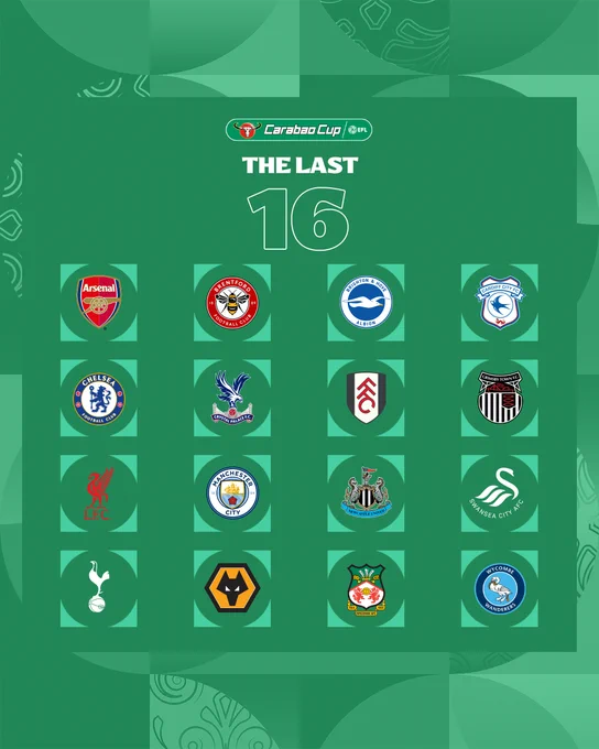 The Last 16: 

Arsenal
Brentford
Brighton & Hove Albion
Cardiff City 
Chelsea
Crystal Palace
Fulham
Grimsby Town
Liverpool
Manchester City
Newcastle United
Swansea City
Tottenham Hotspur
Wiolverhampton Wanderers
Wrexham
Wycombe Wanderers