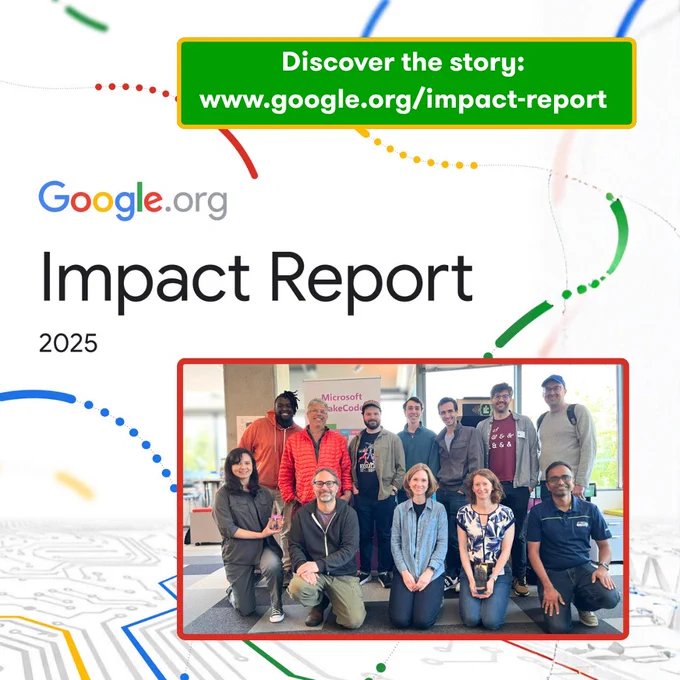 Group photo of the Blockly, MakeCode and Micro:bit teams with the text “Discover the story: www.google.org/impact-report.”
