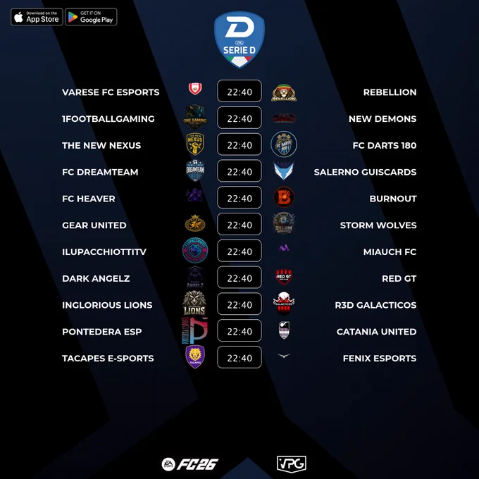 🇮🇹 @VPGItaly Serie D3
⚽️ Match #3
🗓️ 23/10/2025 - 22:40
🖥️ https://virtualprogaming.com/community/VPG-Italy

➡️ @VareseFCeSports 🆚 @FCRebellionn
➡️ @1FootballGaming 🆚 @NEWDEMONSX1
➡️ @Th3N3wN3xus 🆚 @FcDarts180
➡️ @FC_DreamTeam_ 🆚 @SAguiscards
➡️ #FCHEAVER 🆚 @_TeamBurnout
➡️ @gearunited 🆚 @Storm_Wolves2_0
➡️ @ILUPACCHIOTTITV 🆚 @MiauchFC
➡️ @FCdarkangelz 🆚 @RedGtProclub
➡️ @IngloriousLions 🆚 @Vx3_Galacticos
➡️ #PONTEDERAESP 🆚 @CATANIA_UNITED
➡️ #TACAPESE-SPORTS 🆚 @fenixesportsfc

#FC26 #VPG #ProClubs #EAFC #WhereTheChampionsPlay