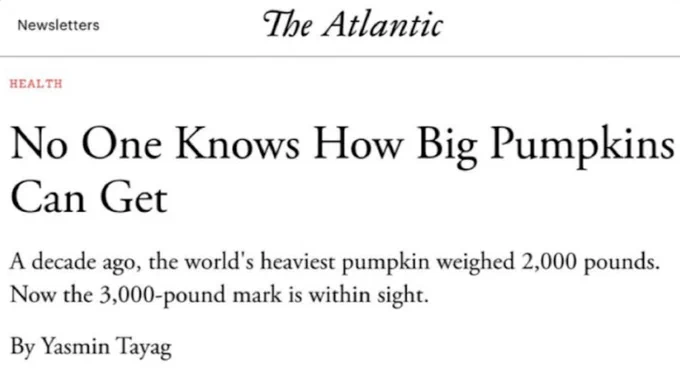 atlantic article screenshot 
headline: no one knows how big pumpkins can get
sub head: a decade ago, the worlds heaviest pumpkin weighed 2,000 pounds. now the 3,000 pound mark is within sight 
by yasmin tayag
