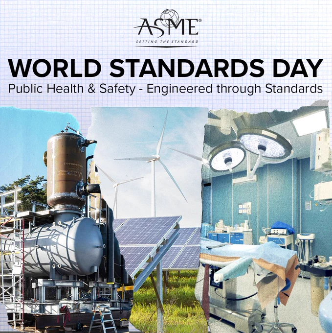 Promotional image for World Standards Day by ASME, featuring a collage of engineering and public health themes, including wind turbines, industrial equipment, surgical lights in a hospital, and a circuit board.