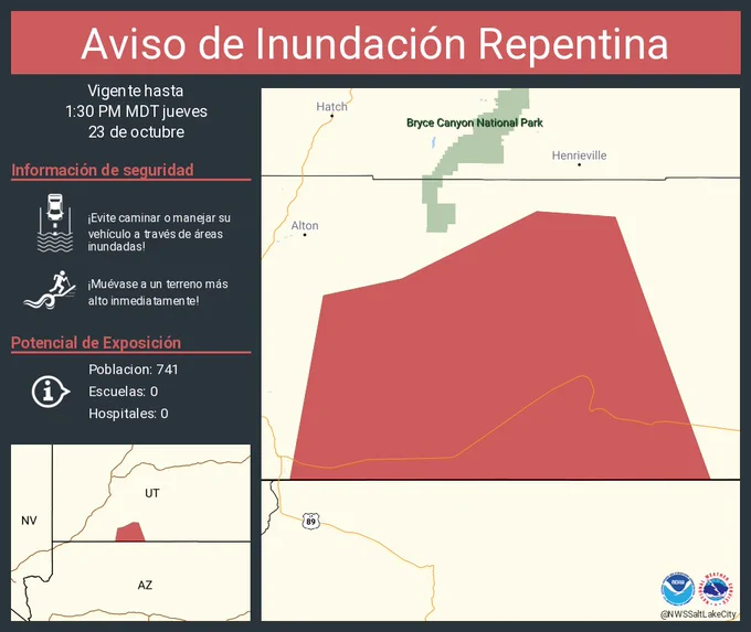 Este gráfico muestra la localización en el mapa de un aviso de inundación repentina. El aviso estará en efecto hasta la 1:30 PM MDT. El aviso incluye a Kane County, UT. El aviso incluye el oeste del condado de Kane en el sur de Utah. ¡Evite caminar o manejar su vehículo a través de áreas inundadas! ¡Muévase a un terreno más alto inmediatamente! Hay 741 personas bajo este aviso incluyendo 0 escuelas y 0 hospitales.