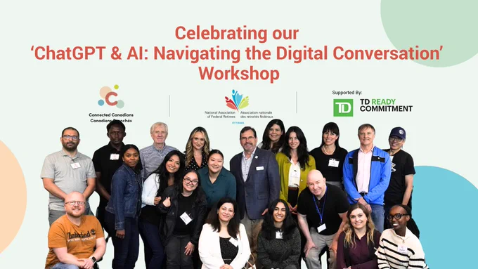 This post includes several photos from Connected Canadians’ workshop held at the Ottawa Conference and Event Centre. The images show older adult participants, working 1:1 with Connected Canadians technology mentors, workshop facilitators delivering the presentation, and group photos of members of the Connected Canadians team.