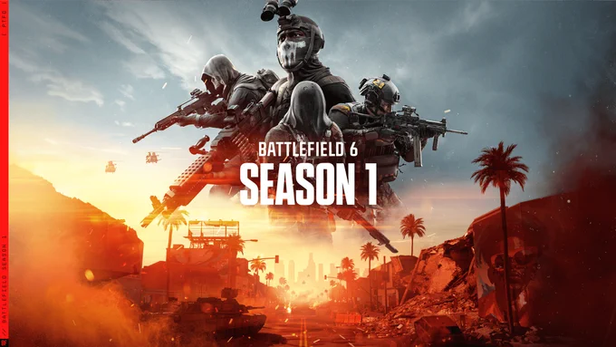Battlefield Season 1 key art featuring four soldiers posed in different directions, the ‘Battlefield 6 – Season 1’ title over them, all set above a SoCal map. 