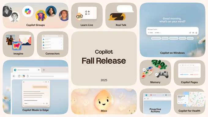 Collage of new Copilot features. In the center it says Copilot Fall Release 2025, and surrounding squares show Copilot Groups, the animated glowing character Mico, Copilot for Health, Copilot Mode in Edge, Imagine, Connectors, Learn Live, Real Talk, Copilot on Windows, Memory, Proactive Actions, and Copilot Pages.
