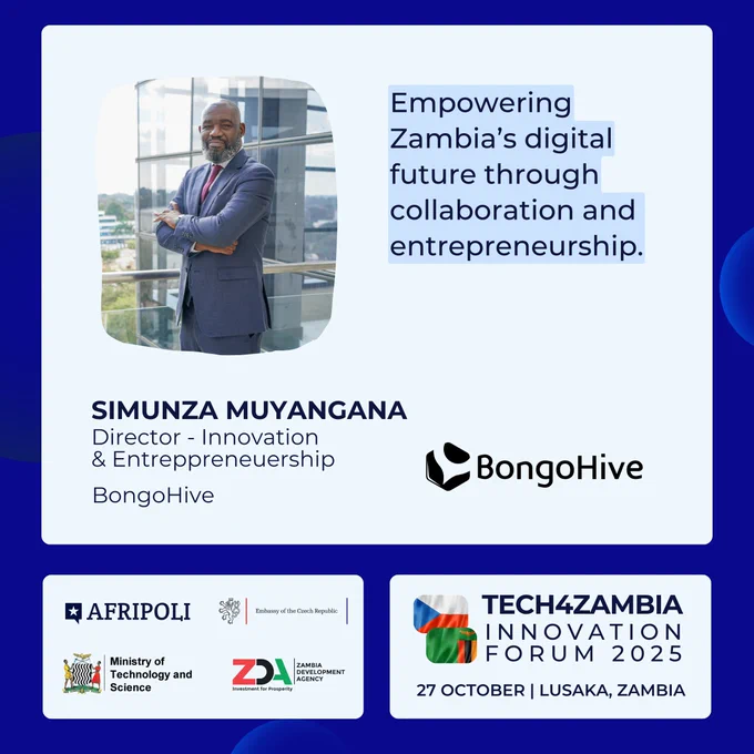 We’re delighted to introduce Simunza Muyangana, Co-Founder and Director of Innovation & Entrepreneurship at BongoHive, who will moderate the Advanced Tech for Governance & Infrastructure Panel at the #Tech4Zambia Innovation Forum 2025. 🇿🇲