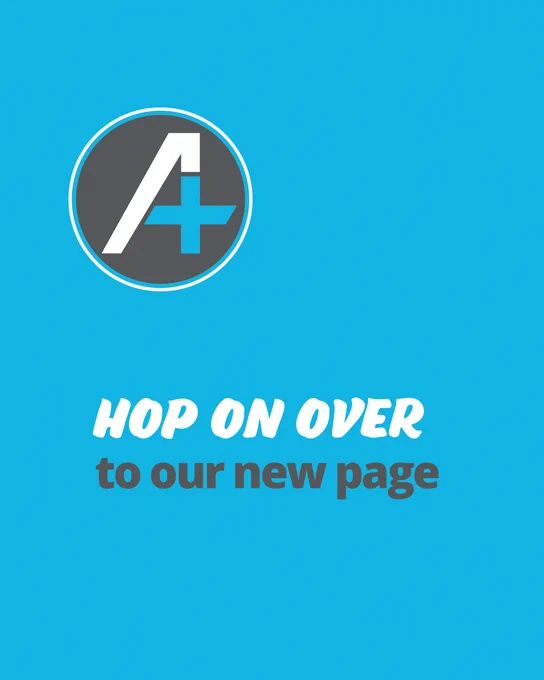 Text below stating "HOP ON OVER to our new page" against a blue background.