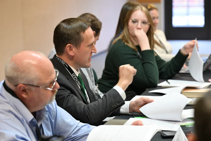 Scott Paul leads K–12 teachers in a civics discussion at Utah Valley University Nov. 12, 2024.