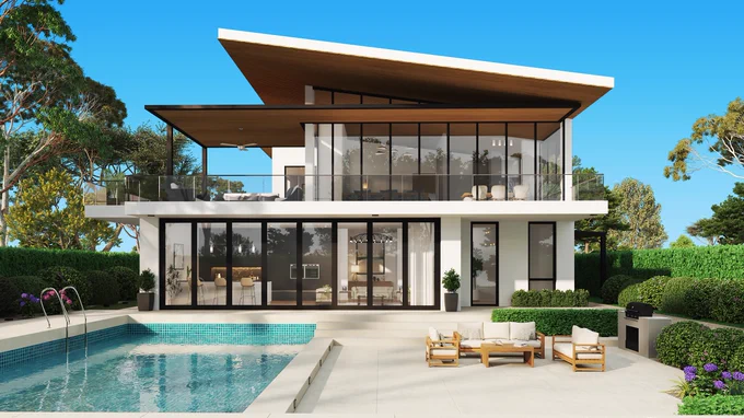 This two-story luxury home is a fully rendered 3D visualization that showcases a modern architectural concept brought to life with stunning realism. Featuring an open floor plan, the structure is defined by clean lines, large glass panels, and a bold cantilevered roof. The exterior highlights include a serene swimming pool with turquoise tiles, sleek sun loungers, and a fully equipped outdoor entertainment area with lounge seating and a built-in BBQ. Through the transparent facade, the open-layout interior reveals high-end furnishings, pendant lighting, and a modern kitchen — all carefully modeled for maximum detail. Lush landscaping surrounds the home, adding organic texture and depth to the composition. Created by CGTech Rendering, this project exemplifies the studio’s ability to deliver photorealistic, high-detail architectural CGI for architects, designers, and developers seeking to visualize their spaces with clarity and impact.