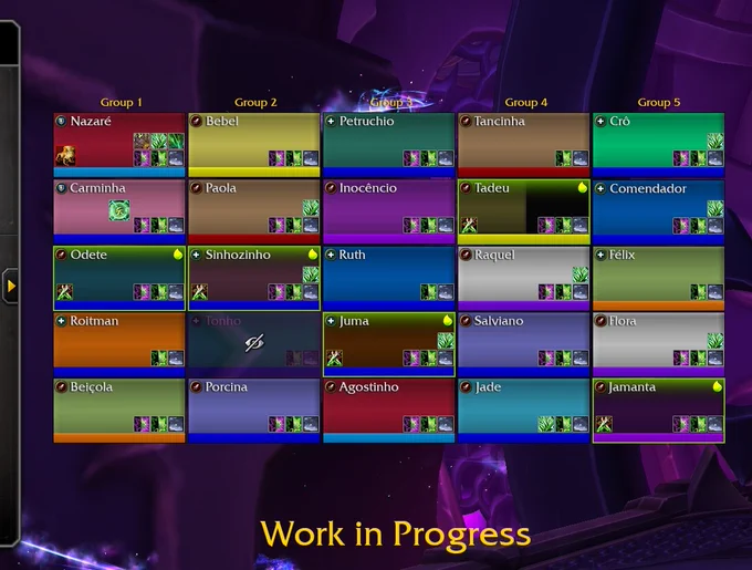 The image is centered on a 5x5 grid of rectangles. Each cell is a different color, with words at the top left of the box, and corresponds to different players. At the top of the columns, they are labeled Group 1, Group 2, etc. At the bottom of the image, text reads, "Work in Progress." The grid is placed on top of a swirling purple background.