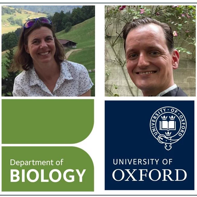Two head shots of Katrina and Rob above the Biology and Oxford logos