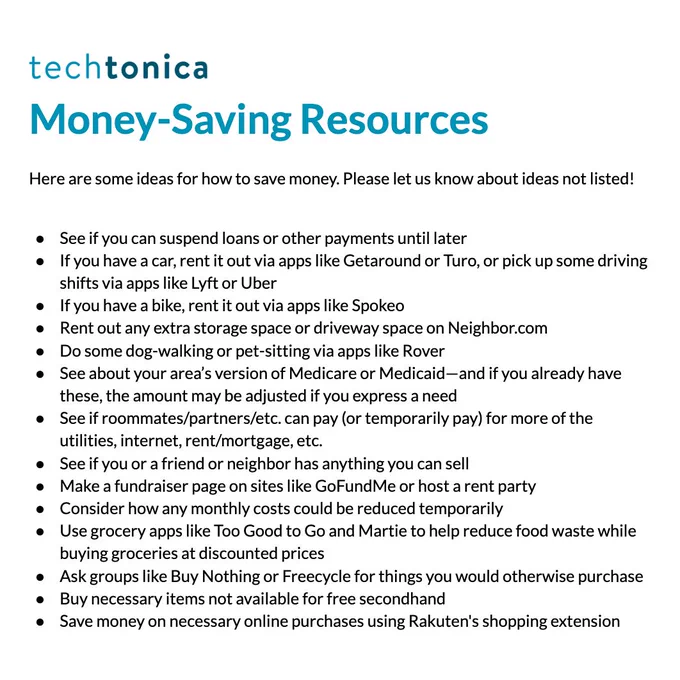 Screenshot of money-saving resources list at https://docs.google.com/document/d/1MqKg30esjOuh8ETj5t5whbWubwf6abTOG7EZc8PBYVk/edit?usp=sharing