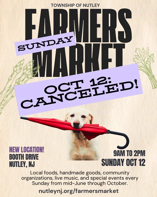 Dog Holding an Umbrella in Its Mouth | Township of Nutley Farmers Market, Booth Drive, Nutley, NJ | Sundays 9am-2pm from mid-June through October
