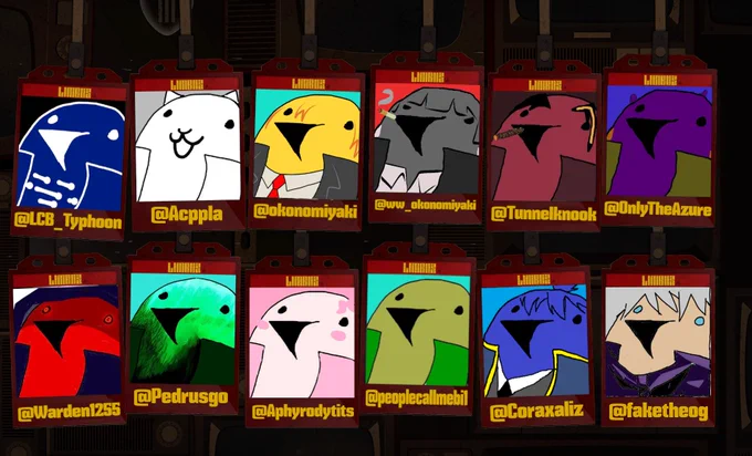 As not to spam their notifications, but this credit them. In Order:
@LCB_Typhoon
@Acppla
@okonomiyaki
@ww_okonomiyak
@Tunnelknook
@OnlyTheAzure
@Warden1255
@Pedrusgo
@Aphyrodytits
@peoplecallmebi1
@Coraxaliz
@faketheog