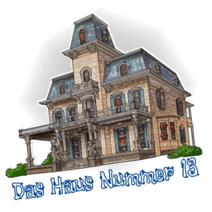 The cover of Das Haus Nummer 13 by Theresa Marrama shows a colored-pencil drawing of a large old Victorian mansion.