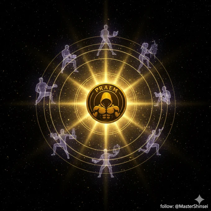 The golden PRAEM coin floats in a cosmic void surrounded by radiant light beams and energy rings. Ghostly figures representing body, mind, and soul merge into its light, symbolizing that effort always leads to reward.