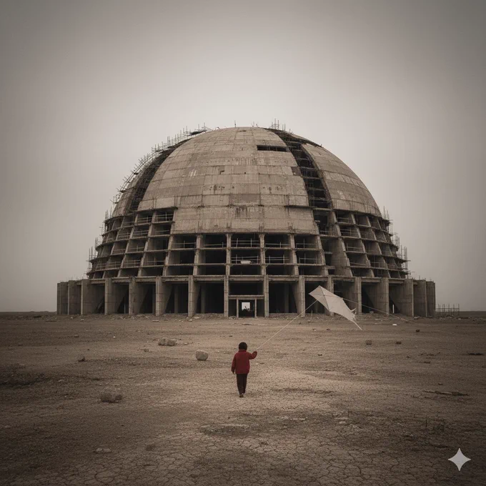 /prompt : A wide long exposure shot of an unfinished colossal domed structure standing silently like ancient ruins in a desolate landscape, with a child walking in the foreground holding a kite, low saturation tones emphasizing the contrast between time and eternity, symbolizing the transience of civilization and the individual, ultra realistic with fine texture details, shot with a Hasselblad X2D 100C, 35mm f/2.8 lens, muted earthy color palette with soft diffused light.