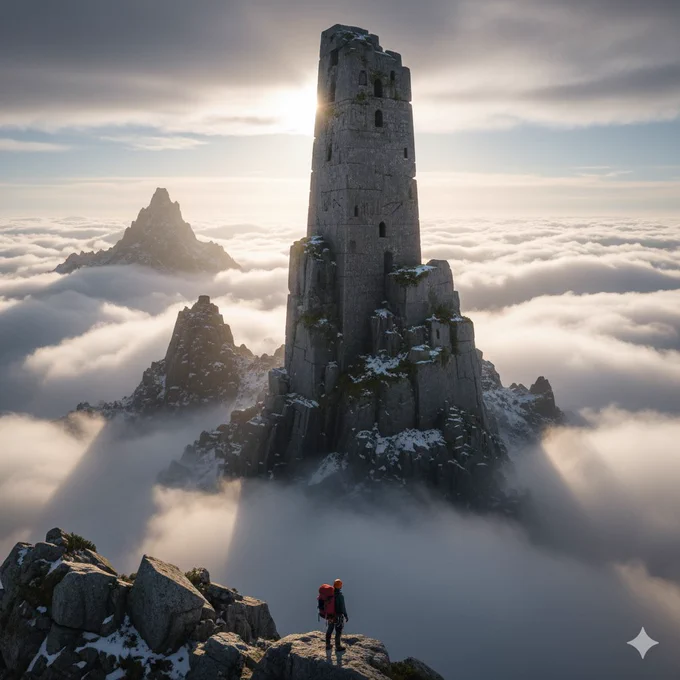 /prompt：Aerial shot of an ancient stone tower rising above the clouds, a lone mountaineer standing on the mountainside below, the structure dominates the frame with overwhelming scale while the human figure appears tiny, mist swirling around as sunlight pierces through, evoking a philosophical sense of solitude, ultra realistic and atmospheric, shot with a DJI Inspire 3, 35mm f/2.0 lens, soft golden tones with high dynamic range.