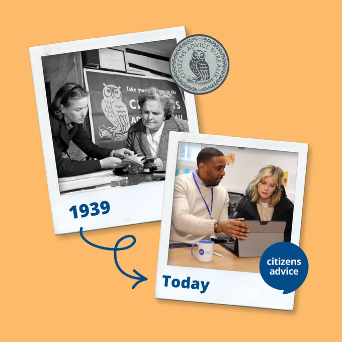 Collage featuring two images of Citizens Advice bureau activities: top photo from 1939 shows two volunteers at work, bottom photo present-day with two volunteers collaborating at a computer.