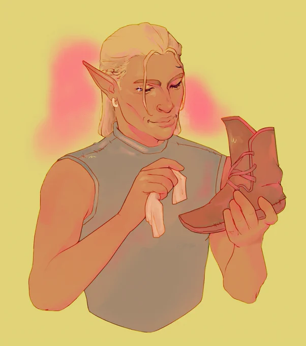Digital illustration of character Zevran Arainai. The character is portrayed from the waist up against a flat green background, with a pink blob of color behind his head. Zevran holds a leather boot with his left hand, and a rag with his right one. He's looking down at the shoe with a happy expression.