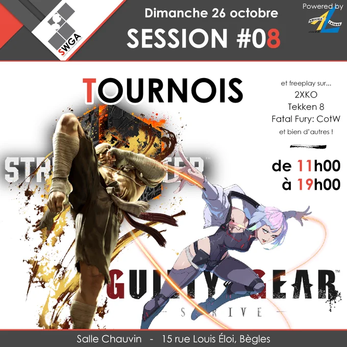 Annonce de la session numéro 8 de la SWGA, dimanche 26 octobre 2025. Tournois Guilty Gear Strive et Street Fighter 6. Freeplay sur 2XKO, Tekken 8, Fatal Fury: City of the Wolves, et bien d'autres. De 11h à 19h à la salle Chauvin, 15 rue Louis Eloi, Bègles.