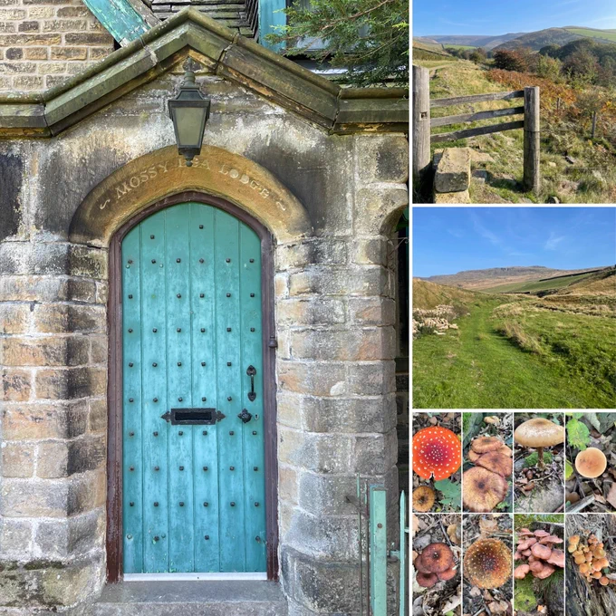 Photos of: old green door at Mossy Lea; two views of the Dark Peak landscape; a collage of fungi