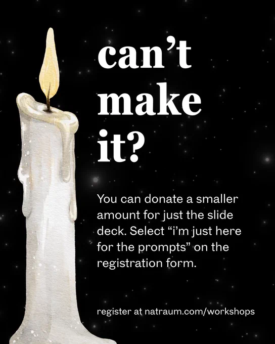 Can't make it? You can donate a smaller amount for just the slide deck. Select “i’m just here for the prompts” on the registration form.

register at natraum.com/workshops