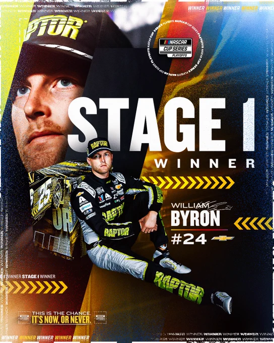A NASCAR Cup Series Stage 1 winner graphic for William Byron. 