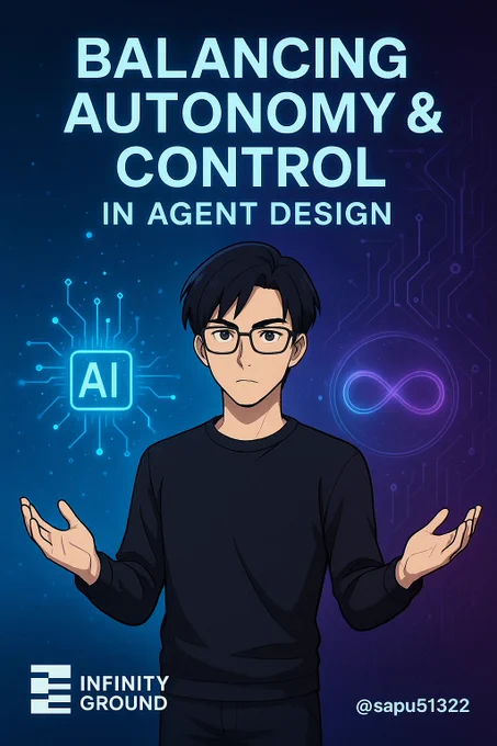 A futuristic illustration themed around the balance between freedom and control in AI agent design. A modern-looking character stands amidst two glowing spheres — blue (autonomy) and purple (control) — with the Infinity Ground logo and @sapu51322 watermark at the bottom.