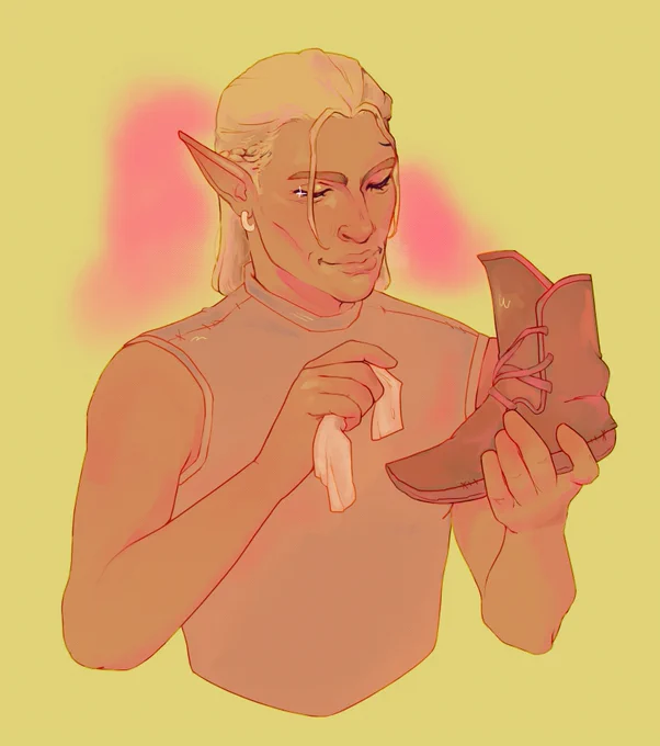 Digital illustration of character Zevran Arainai. The character is portrayed from the waist up against a flat green background, with a pink blob of color behind his head. Zevran holds a leather boot with his left hand, and a rag with his right one. He's looking down at the shoe with a happy expression.