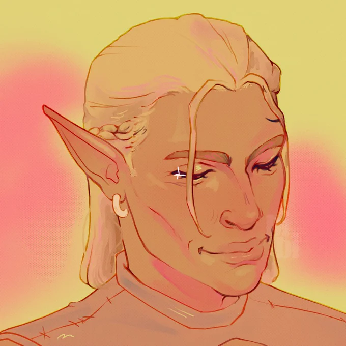 Digital illustration of character Zevran Arainai. The character is portrayed from the shoulders up against a flat green background, with a pink blob of color behind his head. Zevran's looking down with a happy expression.