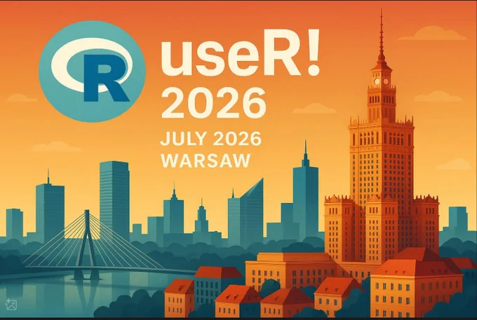 Promotional poster for UseR! 2026, the international R programming conference scheduled for July 2026 in Warsaw, Poland. The image features a stylized cityscape of Warsaw rendered in warm orange and cool blue tones, with prominent architectural landmarks including a bridge and high-rise buildings. In the upper left corner, the logo of the R programming language is displayed—a stylized “R” in gray and blue—signifying the event’s focus on R, a powerful open-source language and environment for statistical computing, data analysis, and graphics. R is widely used in academia, research, and industry for tasks ranging from machine learning to data visualization. Bold white text across the image reads: “R useR! 2026 · JULY 2026 · WARSAW.” The composition blends modern design with geographic identity, inviting viewers to mark their calendars for a global gathering of data scientists, educators, and developers.