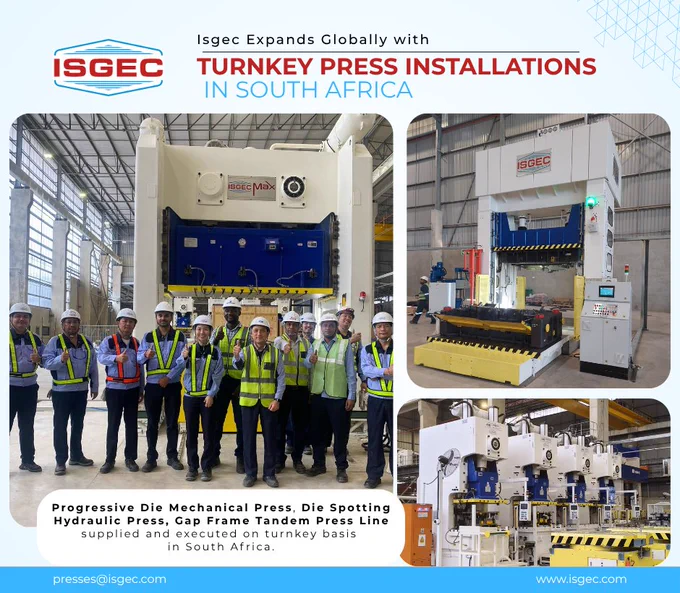 Isgec Expands Globally with Turnkey Press Installations in South Africa!

 

Isgec is proud to expand our footprint with the turnkey installation of 6 advanced press units in South Africa, including our Gap Frame Tandem Press, Progressive Die Mechanical Press, and Die Spotting Hydraulic Press.

 

Delivering engineering excellence, superior quality, and trusted solutions - wherever you are!

 

Thank you for trusting us. Let’s build the future together!

 

📞  91-1732-661043 /  91-1732-661140

📧 presses@isgec.com

 

#Isgec #StampingSolutions #GlobalExpansion

#PressMachine #ProgressivePress #TryoutPress

#HydraulicPress #MechanicalPress

#Manufacturing #Innovation

 

#EngineeringForExcellence

#IsgecHeavyEngineering