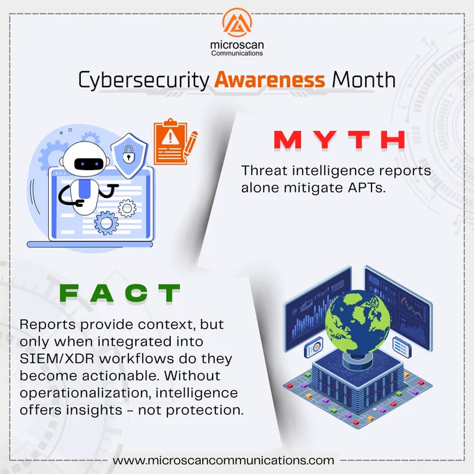 Organizations often assume that purchasing threat intelligence reports is enough to defend against Advanced Persistent Threats (APTs). While these reports provide valuable context and insights, they are only effective when operationalized — integrated into SIEM/XDR workflows and acted upon by security teams. 

Without operationalization, reports remain informational, offering knowledge but not protection. Defending against APTs requires actionable intelligence, continuous monitoring, and automated response mechanisms that translate data into proactive defense. 

Cybersecurity Awareness Month emphasizes that insight alone isn’t security. Turning intelligence into action is what truly safeguards an organization from persistent and evolving threats. 