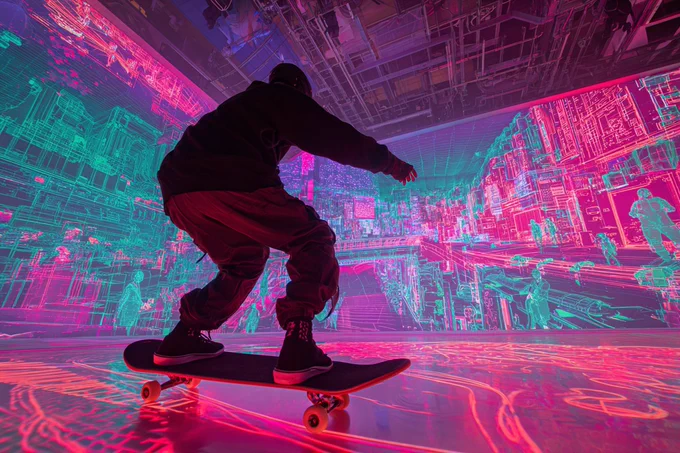 A Virtual Reality Cyberpunk Playground showcasing a neon-clad skateboarder interacting with a vibrant digital landscape filled with holographic projections and customizable avatars. Employ a bold and saturated color palette of fuchsia and emerald green to emphasize the immersive nature of the virtual world --ar 3:2 --v 7.0