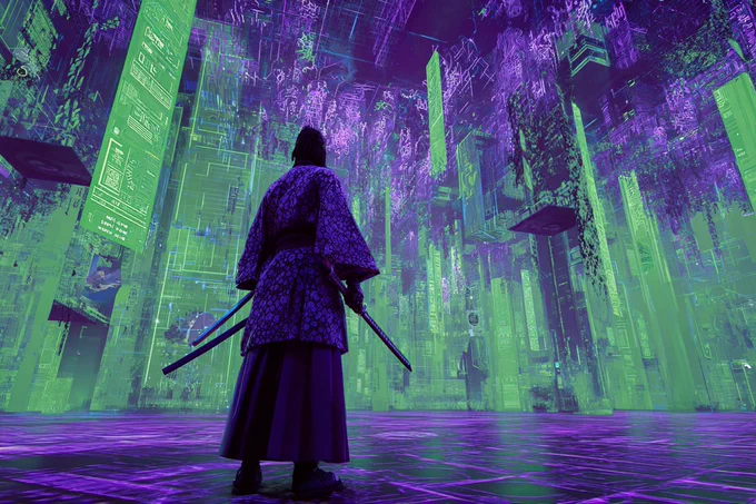 A Virtual Reality Cyberpunk Playground showcasing a futuristic samurai interacting with a vibrant digital landscape filled with holographic projections and customizable avatars. Employ a bold and saturated color palette of lime green and deep purple to emphasize the immersive nature of the virtual world --ar 3:2 --v 7.0