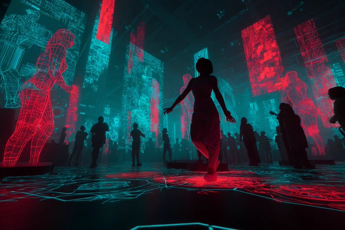 A Virtual Reality Cyberpunk Playground showcasing a cybernetic dancer interacting with a vibrant digital landscape filled with holographic projections and customizable avatars. Employ a bold and saturated color palette of vivid red and turquoise to emphasize the immersive nature of the virtual world --ar 3:2 --v 7.0
