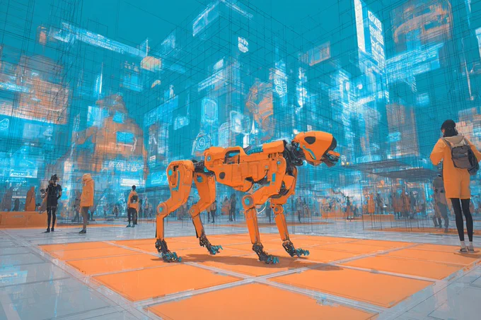 A Virtual Reality Cyberpunk Playground showcasing a robot dog interacting with a vibrant digital landscape filled with holographic projections and customizable avatars. Employ a bold and saturated color palette of hot orange and cyan to emphasize the immersive nature of the virtual world --ar 3:2 --v 7.0